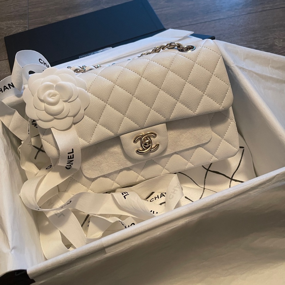 Chanel Small Classic Flap - white caviar with light gold hardware